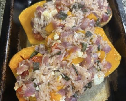 Squash with rice, sage and feta cheese